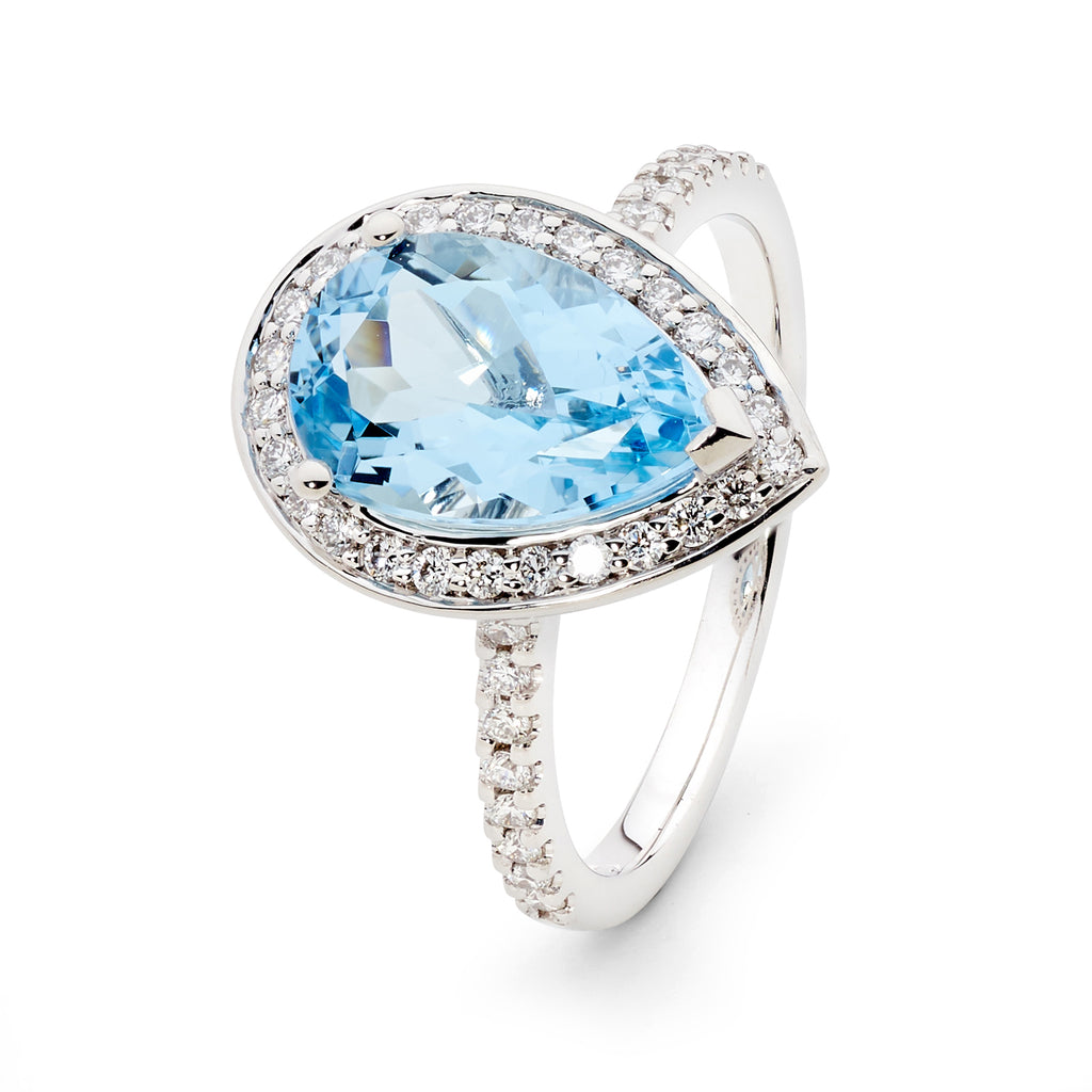 Pear Shaped Aquamarine and Diamond Halo Ring
