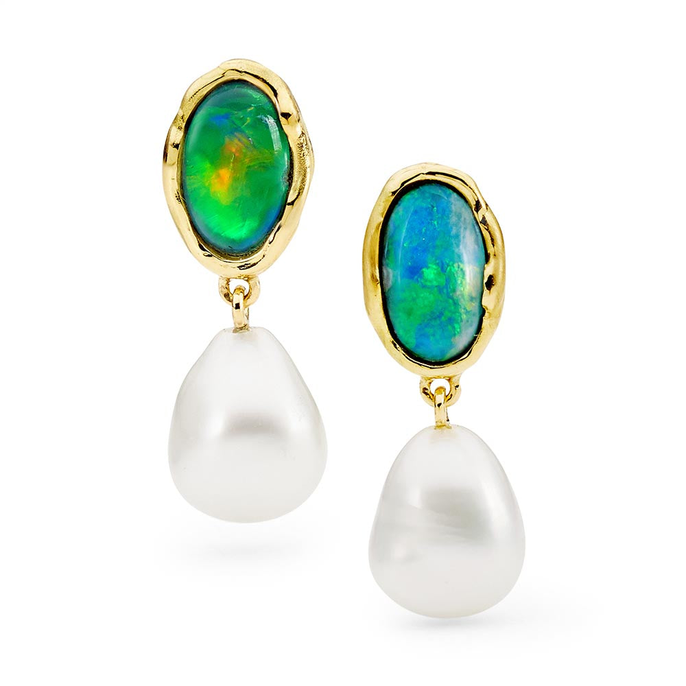 Freeform Opal and Pearl Earrings