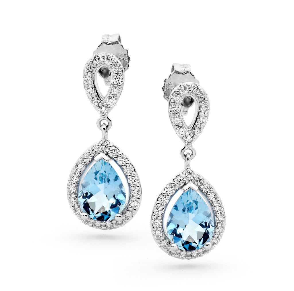 Aquamarine Pear and White Diamond Evening Earrings