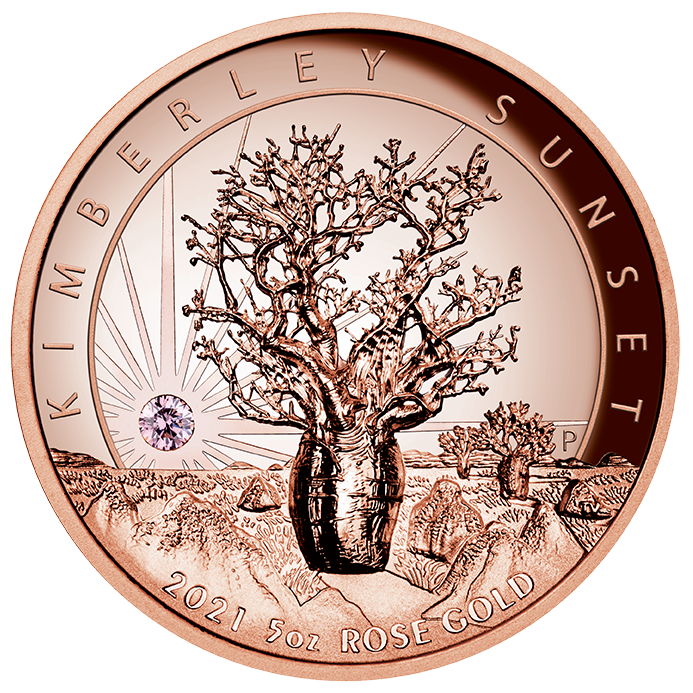 Kimberley Sunset 2021 5oz Rose Gold High Relief Pink Diamond Coin